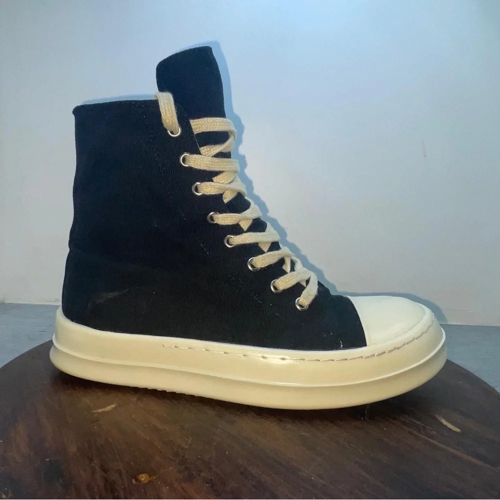 Rick Owens Black White Canvas High-Top Sneakers Lace Up Zipper Size 40